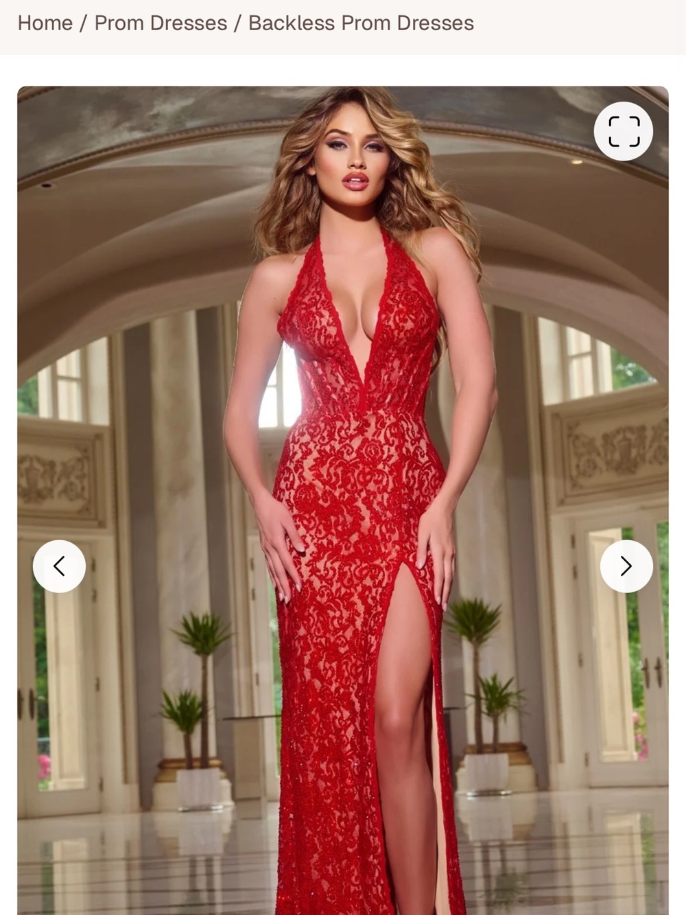 Jovani Red Lace Halter Backless Gown with Thigh Slit